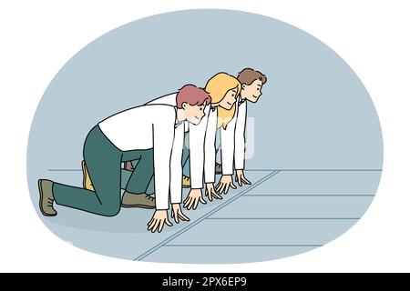 Motivierte Geschäftsleute stehen bereit für den Sprint. Selbstbewusste Mitarbeiter oder Angestellte konkurrieren um eine bessere Position. Rivalität oder Konkurrenz am Arbeitsplatz. Flache Vektorgrafik. Stock Vektor