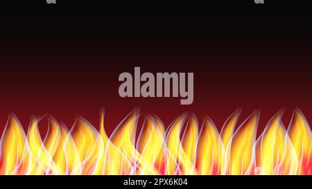 Wunderschöne abstrakte leuchtende Textur eines heißen, glänzenden, rot-orangefarbenen brennenden Feuers mit Zungen von Flammen und Rauch und Kopierbereich auf schwarzem Hintergrund. Vektor Stock Vektor