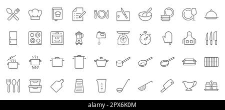 Symbole für die Kochlinie eingestellt. Küchenutensil - Pfanne, Ofen, Kochbuch, Kochtopf, Gewicht, Kochmütze, Mixer, Glasgeschirr, Auflauf-Vektor-Illustration Stock Vektor