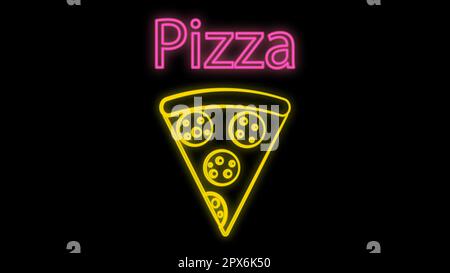 Pizza auf dünner Kruste, auf schwarzem Hintergrund, Vektordarstellung, Neon. Gelbes Neonschild, mit Inschrift. Design von Fast Food, Restaurant Stock Vektor