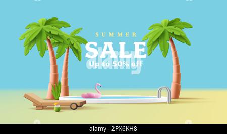 3D Darstellen eines runden Pools mit Flamingo-Schwimmring und Palmen mit Kokosnusscocktail und Sonnenliege am Strand Stock Vektor