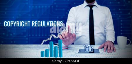 Zeichen mit Copyright-Bestimmungen, ein Wort, das die Urheber-Urheber-Urheber-Urheber-Urheber-Urkunden regelt Stockfoto