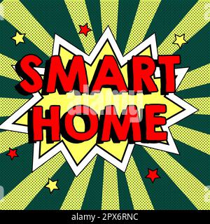 Konzeptüberschrift Smart Home, Business Concept Automation System steuert Beleuchtung Klima Entertainment Systeme Stockfoto