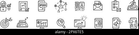 SMM-Marketingstrategien und -Ideen. Nutzung sozialer Medien für das Wachstum Ihres Unternehmens. Pixelgenaue, bearbeitbare Kontur Stock Vektor