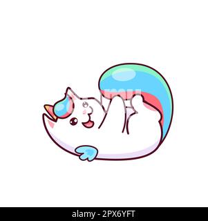 Cartoon niedliche Kawaii-Caticorn-Figur, die mit dem Schwanz spielt. Die verspielte, unartige Einhorn-Katze, die auf dem Rücken liegt, macht Spaß beim Berühren des bunten Regenbogenschwanzes Stock Vektor