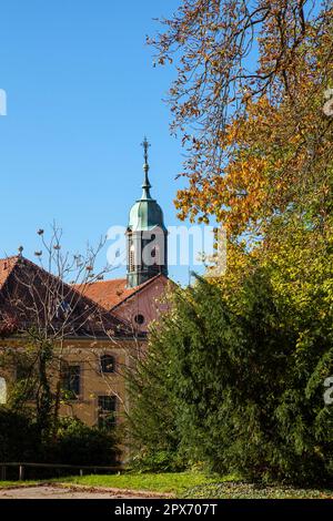 Blick auf den Turm des historischen Rathauses in Rastatt Stockfoto