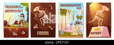Cartoon-Poster mit Archäologen mit alten Artefakten. Ausgrabungswerkzeuge für die Suche nach archäologischen Schätzen, fossilen Tieren, prähistorischen Dinosaurierskeletten im Boden und Geschichtsmuseum. Stock Vektor