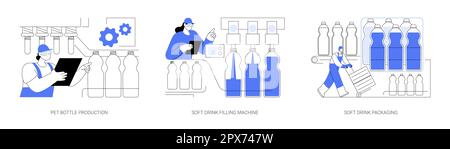 Abstraktes Konzept zur Illustration von Erfrischungsgetränken. Herstellung von PET-Flaschen, Befüllmaschine für Erfrischungsgetränke, Verpackungsband, kohlensäurehaltig Stock Vektor