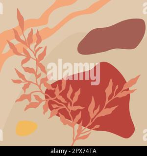 Abstrakter botanischer Hintergrund mit Formen und Linien in Orange, Rot und Beige. Konzept der Vektorkunst Stock Vektor