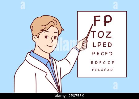 Der Arzt hält den Zeiger auf das Poster mit Buchstaben, um das Sehvermögen des Patienten zu überprüfen. Positiver Augenarzt in der weissen Kittelarbeit in der Klinikhilfe Stockfoto