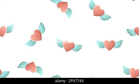 Endlose nahtlose Muster wunderschöner festlicher, fröhlicher Herzen mit Engelsflügeln auf weißem Hintergrund. Vektordarstellung. Stock Vektor