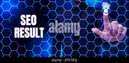 Textüberschrift mit Seo-Ergebnis, Wort, das in der Liste geschrieben wird, die von Suchmaschinen als Antwort auf eine Abfrage erstellt wird Stockfoto