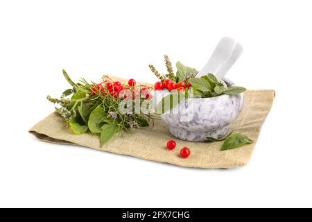 Stoff- und Marmormörtel mit verschiedenen Kräutern, Beeren und Stößel auf weißem Hintergrund Stockfoto