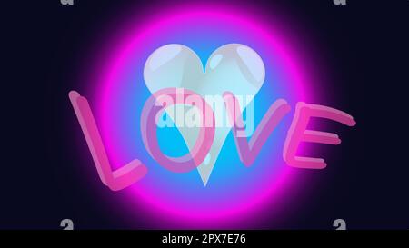 Fröhlich abstrakt wunderschön liebevoll, zartes, helles Herz in einer Blase, Kreis, leuchtender Neonball Feiertagsfavorit einzigartiges Herz mit Inschrift Liebe von Stock Vektor