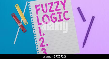 Textunterschrift mit Fuzzy Logic, im System geschriebenem Wort, in dem die Anweisung wahr oder falsch sein kann, oder einem beliebigen Wert dazwischen Stockfoto