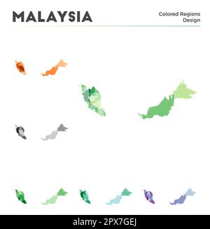 Malaysische Kartensammlung. Grenzen Malaysias für Ihre Infografik. Farbige Länderregionen. Vektordarstellung. Stock Vektor