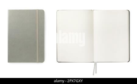 Offene und geschlossene Notizbücher auf weißem Hintergrund, Draufsicht. Bannerdesign Stockfoto