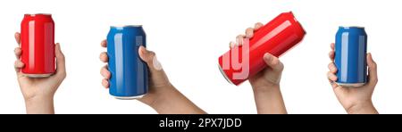Collage mit Fotos von Frauen, die verschiedene Dosen mit Getränken auf weißem Hintergrund halten, Nahaufnahme. Bannerdesign Stockfoto