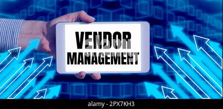 Handgeschriebener Text Vendor Management, ein Wort, das über Aktivitäten geschrieben wurde, die bei der Suche nach und Beschaffung von Lieferanten berücksichtigt wurden Stockfoto