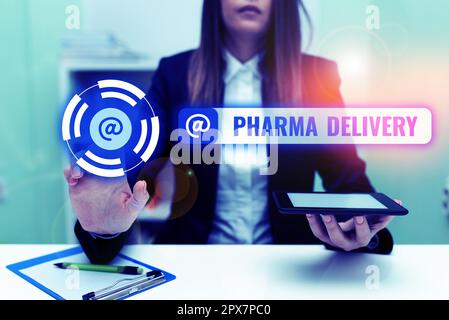 Schreiben mit Text Pharma Delivery, Word für die Zustellung Ihrer Rezepte direkt von der Apotheke an Sie Stockfoto