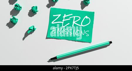 Handgeschriebener Text „Zero Emission, Internet Concept emittiert keine umweltschädlichen Abfallprodukte“ Stockfoto