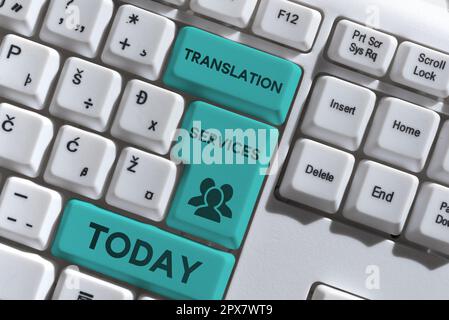 Textunterschrift, die Translation Services präsentiert, Word, das in der Organisation geschrieben wurde und den Mitarbeitern die Übersetzung von Sprache ermöglicht Stockfoto