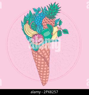 Fruchtcocktail in einem Waffelbecher. Eine Reihe tropischer Früchte auf grünem Laub. Fruchtstrauß wie ein Eis. Stock Vektor