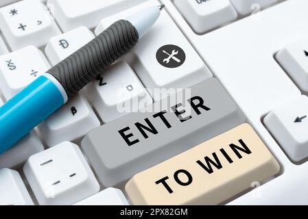 Textunterschrift mit „Enter to Win“, „Internet Concept“, bei der etwas Wertvolles gegen Preise oder Gewinnchancen ausgetauscht wird Stockfoto
