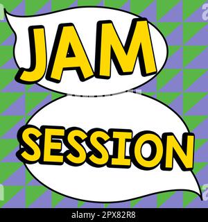 Textunterschrift mit Jam Session, Business Idea, spontane Vorstellung durch eine Gruppe von Musikern Stockfoto