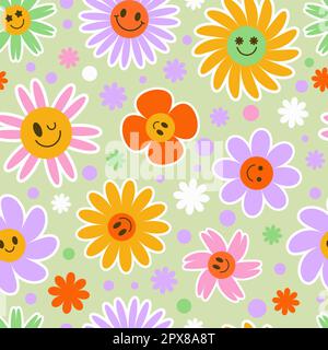 Groovy-Blume-Nahtloses Muster. Y2K floraler Lächelhintergrund. Cartoon-Gänseblümchenmuster im Retro-Look mit lustigen Gesichtern. Vektor-trendige ästhetische Illustration. Stock Vektor