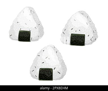 Japanische Onigiri-Reisbällchen in norianischen asiatischen Gerichten verpackt. Reisbällchen gefüllt mit gesalzenem Lachsfisch, Pflaumen, Seetang und Scholle Stock Vektor