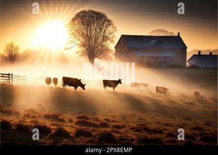 Blick am frühen Morgen auf eine Farm in Virginia bei Sonnenaufgang. Ein wunderschöner sanfter Sonnenschein, der einen sanften, tief liegenden Nebel erhellt, während die Kühe auf dem Feld grasen. Stockfoto