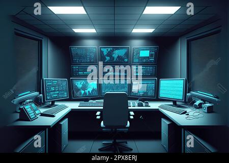 Leeres Interieur des großen modernen Sicherheitssystems Kontrollraum, Workstation mit mehreren Displays, Überwachungsraum mit im Sicherheitsrechenzentrum leeren Offi Stockfoto