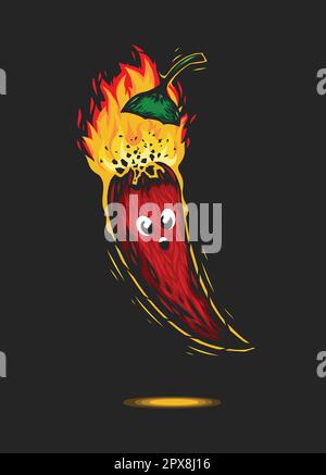 Rote Chili-Pfeffer-Figur mit Feuerexplosion. Brennende würzige mexikanische Zutat. Stock Vektor