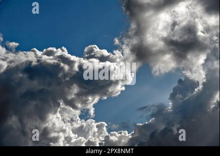 Aufsteigende, geraffte Cumuluswolken am blauen Himmel bei schönem Sommerwetter Stockfoto