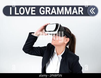 Konzeptionelle Beschriftung I Love Grammar, Geschäftsvorstellung des Bewunderungssystems und der Sprachstruktur Stockfoto