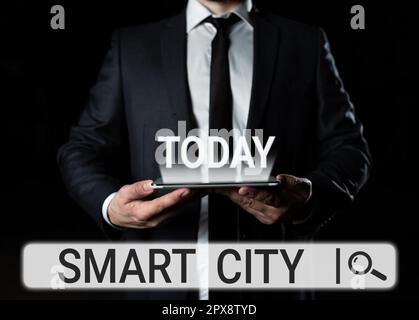 Textunterschrift mit Smart City, Business Konzept Stadtgebiet, das verschiedene elektronische Internet der Dinge nutzt Stockfoto