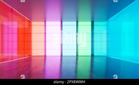 Leerer, moderner Mehrzweckraum mit farblich abgestuften transparenten Glaswänden. Realistisches 3D-Rendering Stockfoto