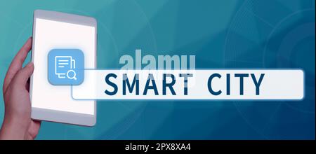 Textunterschrift für Smart City, Konzept für städtische Gebiete, das verschiedene elektronische Internet der Dinge nutzt Stockfoto