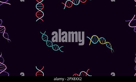 Nahtlose Mustertextur endloser sich wiederholender medizinisch-wissenschaftlicher abstrakter Strukturen von dna-Genmolekül-Modellen auf blauem Hintergrund. Vektorbeleuchtung Stock Vektor