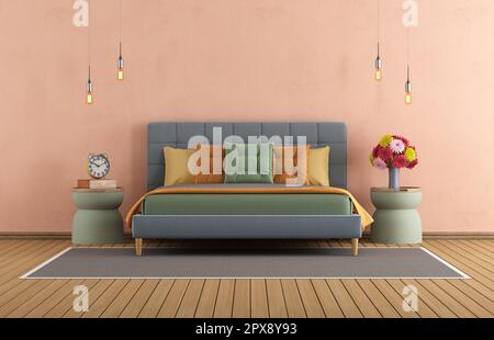 Farbenfrohes, modernes Hauptschlafzimmer mit blauem Doppelbett und farbenfrohem Kissen - 3D-Darstellung Stockfoto