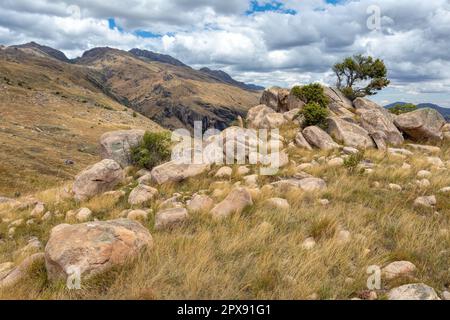 Nationalpark Andringitra, Region Haute Matsiatra, Madagaskar, wunderschöne Berglandschaft mit Wanderweg zum Gipfel und Massifen. Wandern in Andringitra Moun Stockfoto