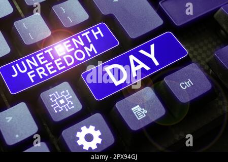Schild mit dem Juneteenth Freedom Day, Wort geschrieben am gesetzlichen Feiertag in den Vereinigten Staaten zum Gedenken an das Ende der Sklaverei Stockfoto
