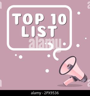 Handschriftliches Schild Top 10 List, Wort für die zehn wichtigsten oder erfolgreichsten Elemente in einer bestimmten Liste Stockfoto