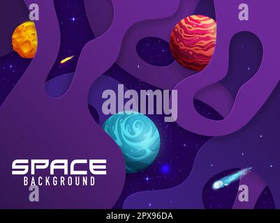 Mit Weltraumpapier geschliffene Landschaft mit Sternen, Planeten und Kometen. Cartoon-Galaxie-Vektorhintergrund mit 3D Papercut-Origami-Schichten abstrakter geometrischer Form Stock Vektor