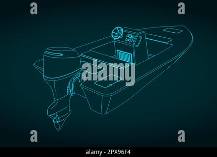 Stilisierte Vektordarstellung isometrischer Motorbootbaupläne Stock Vektor