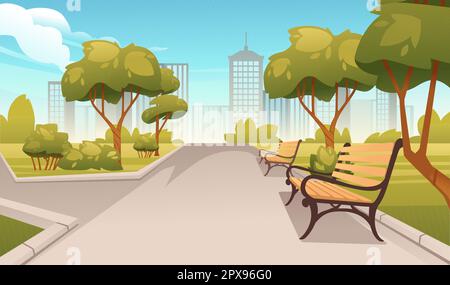 Frühlings- oder Sommerparklandschaft mit Bäumen und moderner Stadt im Hintergrund Stock Vektor