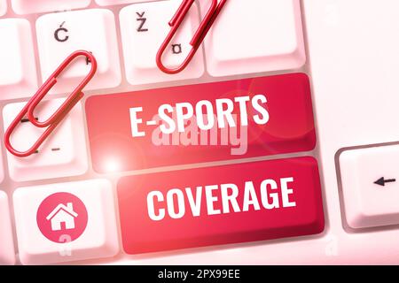 Schild mit E-Sportberichterstattung, Wort geschrieben auf Reporting live auf dem neuesten Sportwettkampf Broadcasting Stockfoto