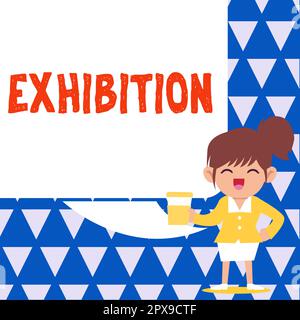 Textzeichen, auf dem die Ausstellung, das Wort geschrieben und der Akt, dem Publikum etwas zu zeigen, gezeigt wird Stockfoto