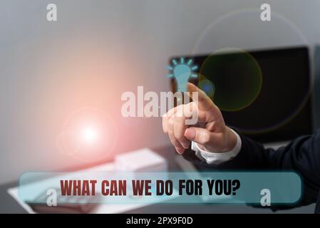 Schreiben von Text Was können wir für Sie tun, Word, in dem es darum geht, wie man Ihnen helfen oder helfen kann Stockfoto